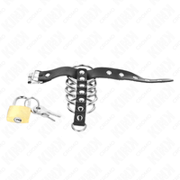KINK - ANELLO PER PENE CON CINTURINO IN PELLE CON CHIUSURA 21 X 2 CM E 5 ANELLI IN METALLO DA 3 CM A 4 CM